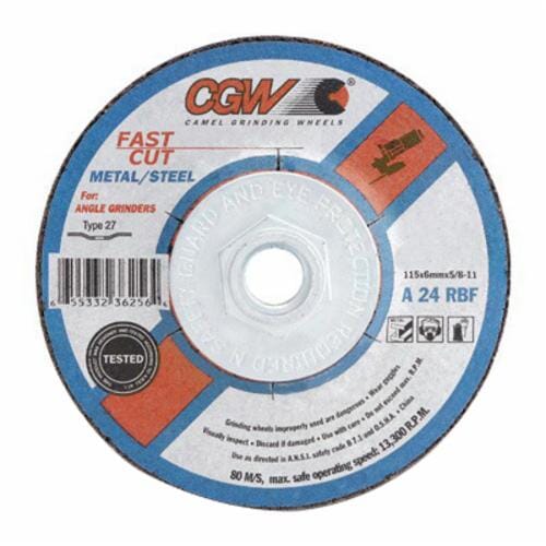 CGW® 35610 Flat Fast Cut Depressed Center Wheel, 4 in Dia x 1/4 in THK, 5/8 in Center Hole, 24 Grit, Aluminum Oxide Abrasive